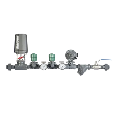 Profire ICD fuel train assembly with solenoid valves, pressure regulators, gauges, and ball valve on a transparent background