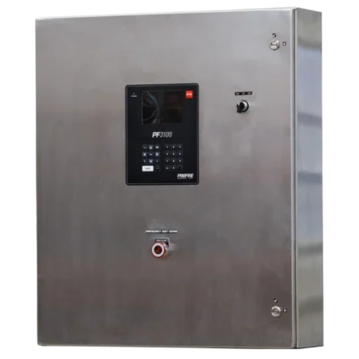 Profire PF3100 burner management system in a stainless steel enclosure with color touchscreen display, keypad, and emergency stop button