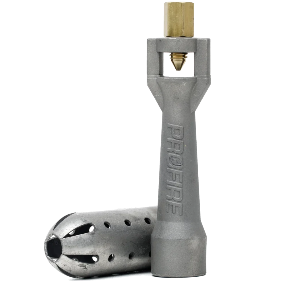 Two Profire standard pilot assemblies showing the cast body with brass fitting and perforated stainless steel nozzle tip