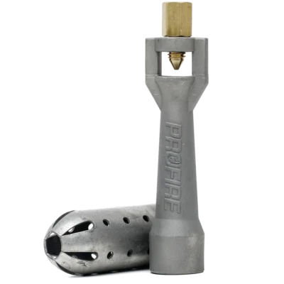 Two Profire standard pilot assemblies showing the cast body with brass fitting and perforated stainless steel nozzle tip