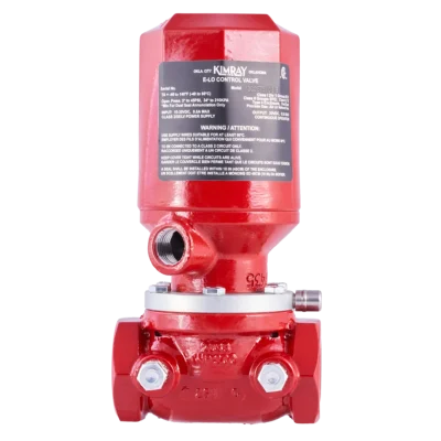 Red Kimray MXC electric-over-gas control valve with specification label