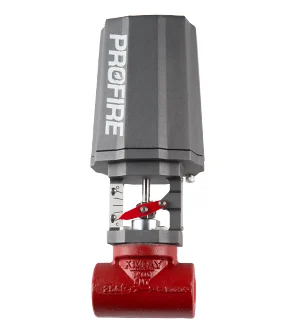 Profire VM80 motorized control valve with gray actuator mounted on a red valve body