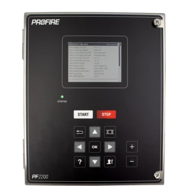 Profire PF2200 forced draft burner management controller in a black metal enclosure, featuring a central touchscreen display, status indicator light, Start and Stop buttons, navigation keypad with arrow keys and OK button, and plus/minus controls. The PROFIRE logo appears at the top left and the model name PF2200 at the bottom left.