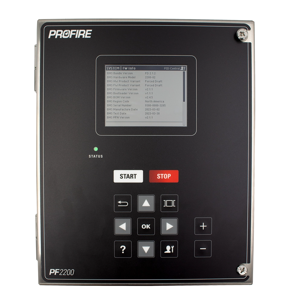 Profire PF2200 forced draft burner management controller in a black metal enclosure, featuring a central touchscreen display, status indicator light, Start and Stop buttons, navigation keypad with arrow keys and OK button, and plus/minus controls. The PROFIRE logo appears at the top left and the model name PF2200 at the bottom left.