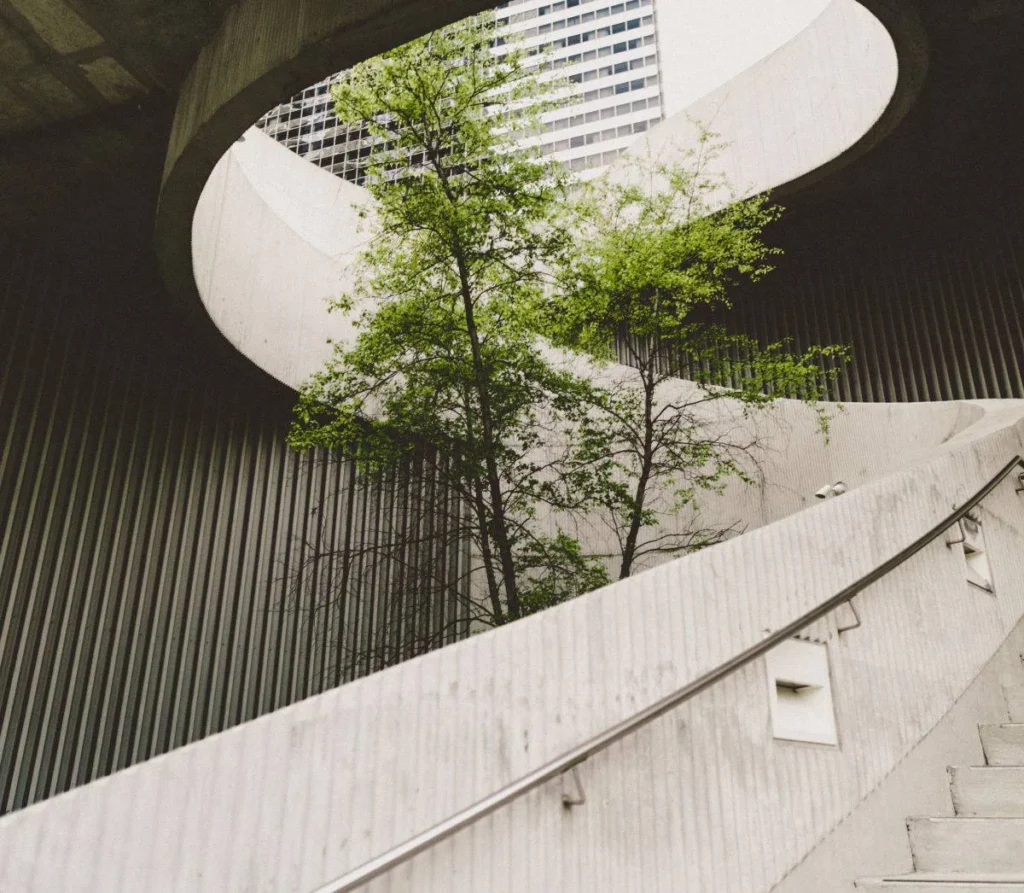 A circular staircase with a tree in the middle - ESG reporting