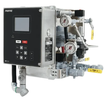 Profire PRO-8 integrated burner management system with display, start and stop buttons, pressure gauges, and built-in fuel train