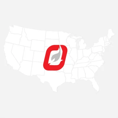 Map of the United States with the Profire Energy flame logo displayed in the center of the country