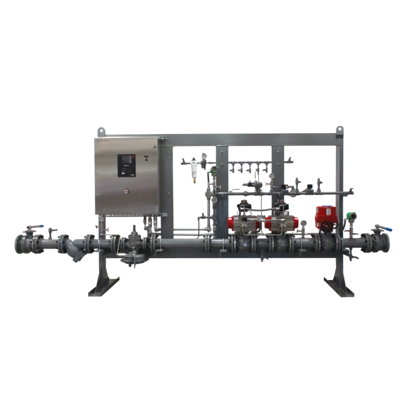 Profire fuel train rack assembly with control panel, valves, regulators, and piping mounted on a steel frame