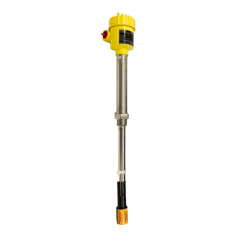 Yellow liquid level switch with stainless steel probe shaft and orange float