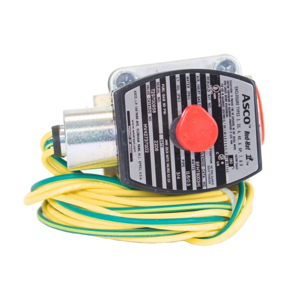 ASCO 2-way solenoid valve with red manual override button and green and yellow wiring