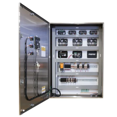 Profire PF3100 modular system open cabinet showing internal control cards, wiring, relays, and terminal blocks
