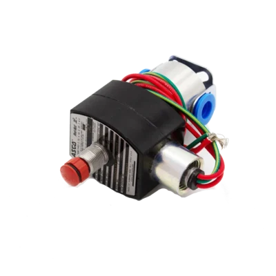 ASCO 3-way solenoid valve with red manual override button and colored wiring