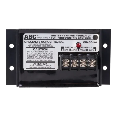ASC solar charge regulator by Specialty Concepts for photovoltaic systems with terminal connections and charging indicator