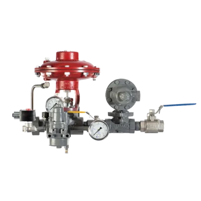 Profire HMC inline fuel train assembly with red control valve, pressure regulator, gauge, and ball valve in a compact configuration