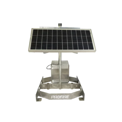 Profire solar package with tilted solar panel mounted on a stainless steel stand with battery compartment