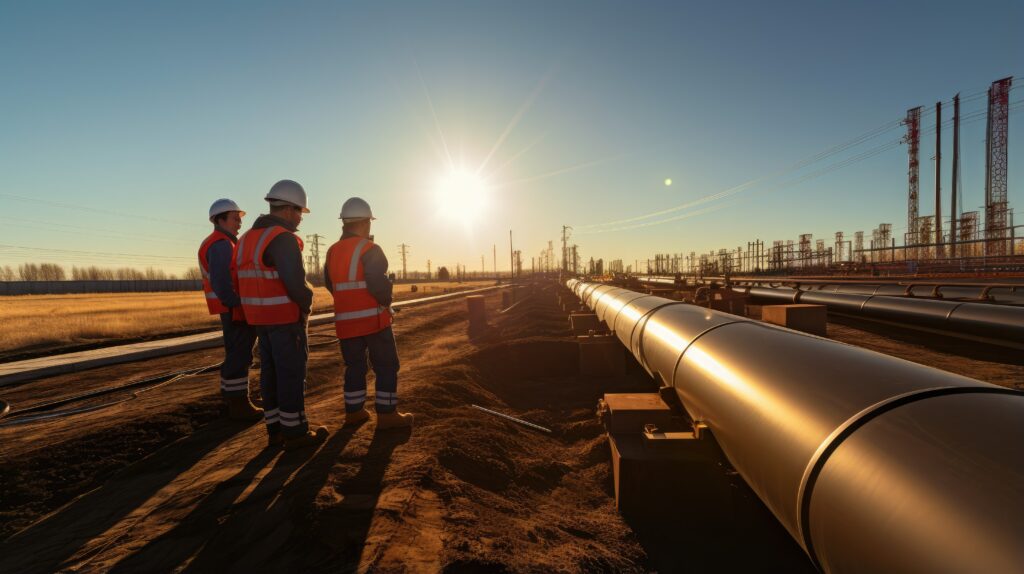 Image of 3 professionals looking at an oil line