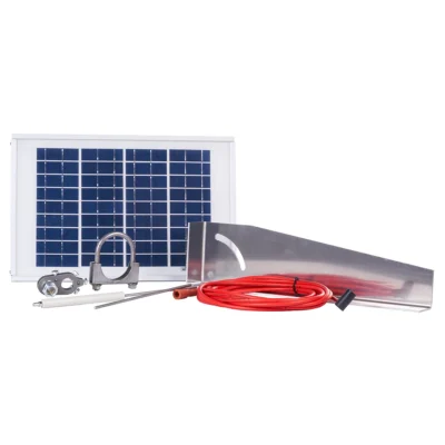 PF2311 installation kit with solar panel, mounting bracket, clamp hardware, and red wiring
