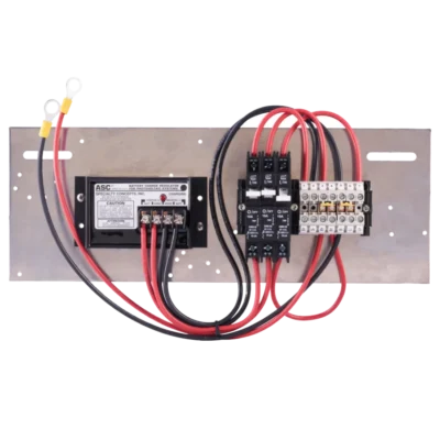 Solar charge regulator with circuit breaker mounted on a panel with red and black wiring connections
