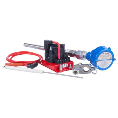 PF2100 installation kit components including ignition coil, thermocouple with blue head connector, flame rod, and mounting bracket