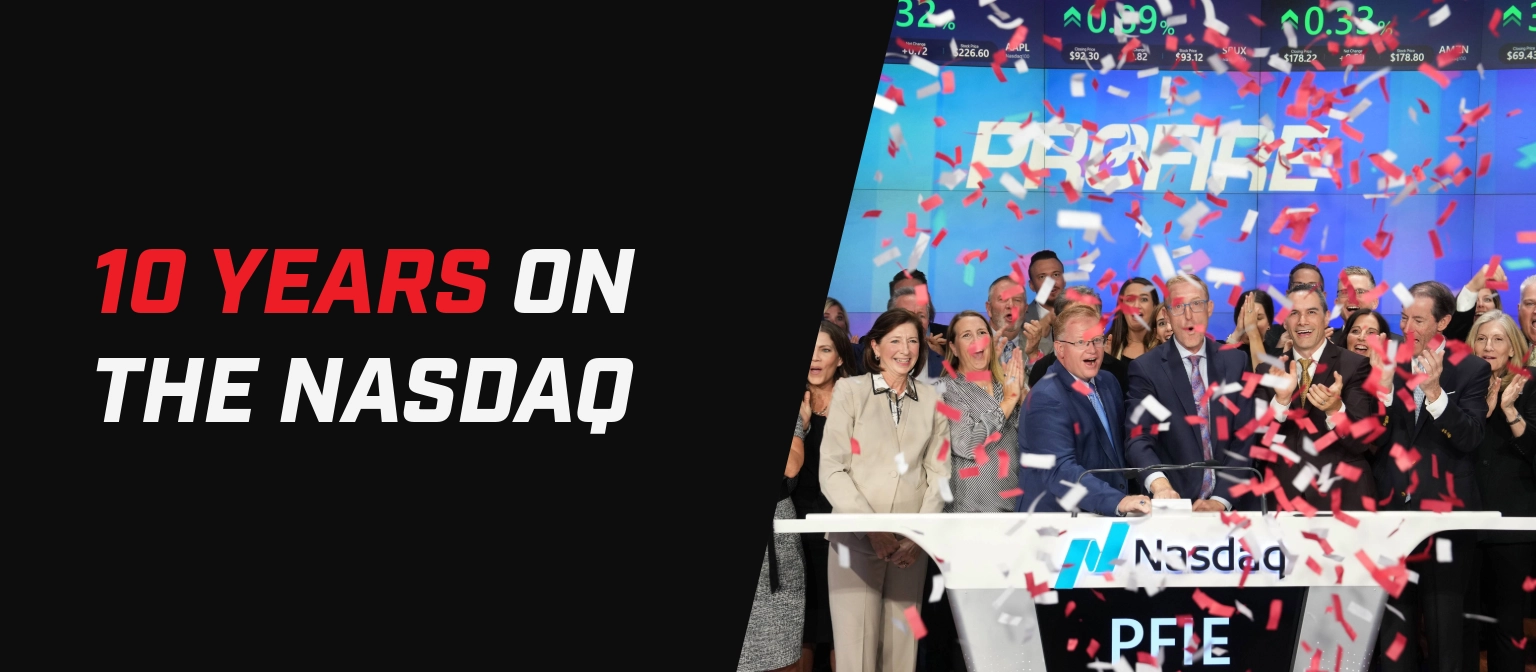 Banner with the text “10 Years on the NASDAQ” beside a photo of a group celebrating at the Nasdaq market site, with red and white confetti falling in front of a large Profire display screen.