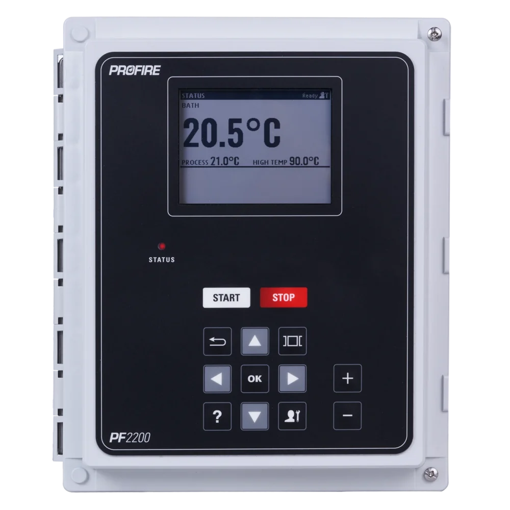 Profire PF2200 burner management controller displaying flame status and process temperature readings
