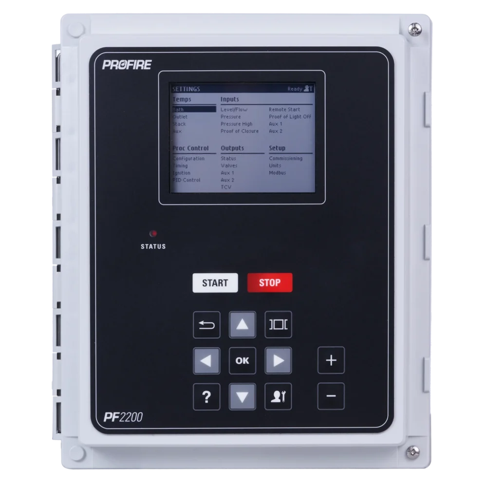 Profire PF2200 burner management controller touchscreen displaying burner status and operating data