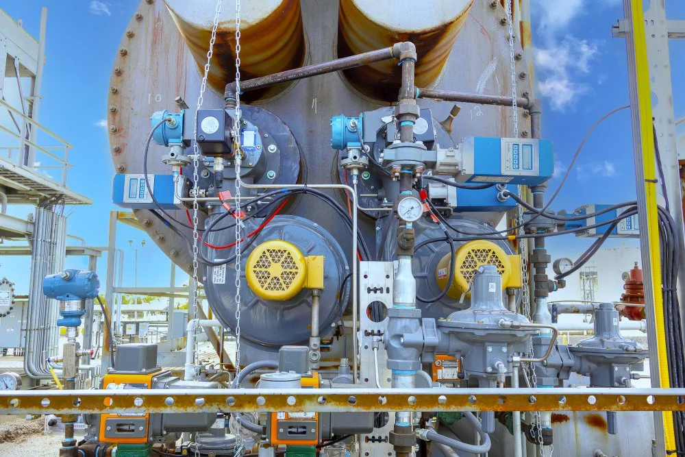 Industrial burner installation with dual burners, sensors, piping, and Profire controllers at a facility