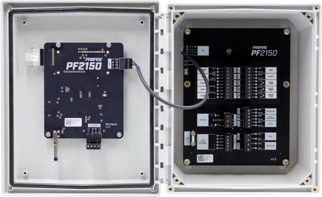 Profire PF2150F flare ignition controller with enclosure open showing internal components