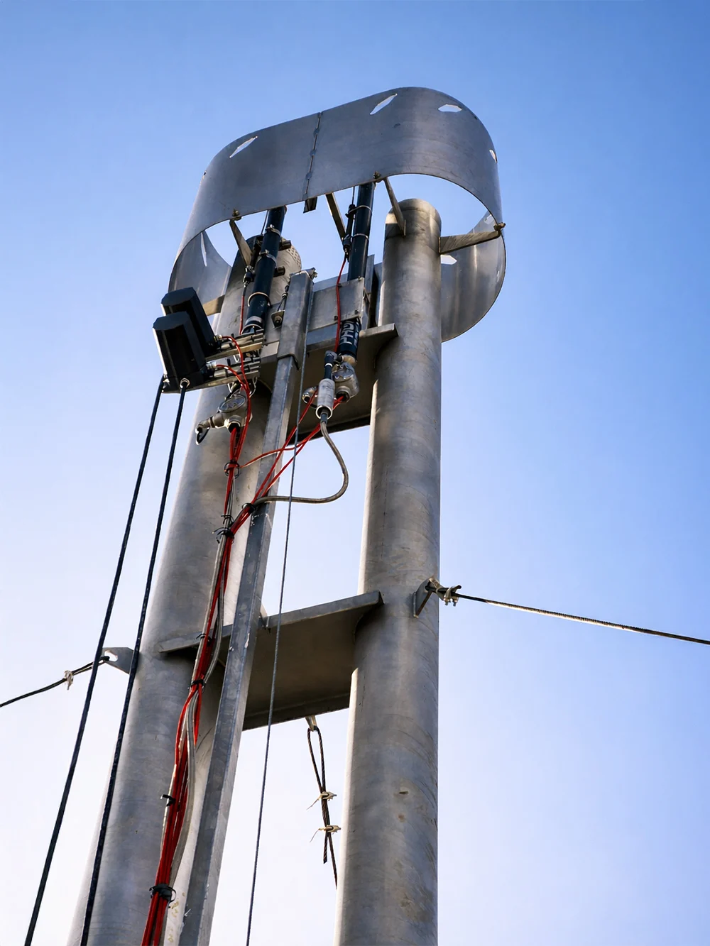A closeup of a dual candlestick flare showing the two pilot systems as the flare extends from the bottom left of the image to the top.