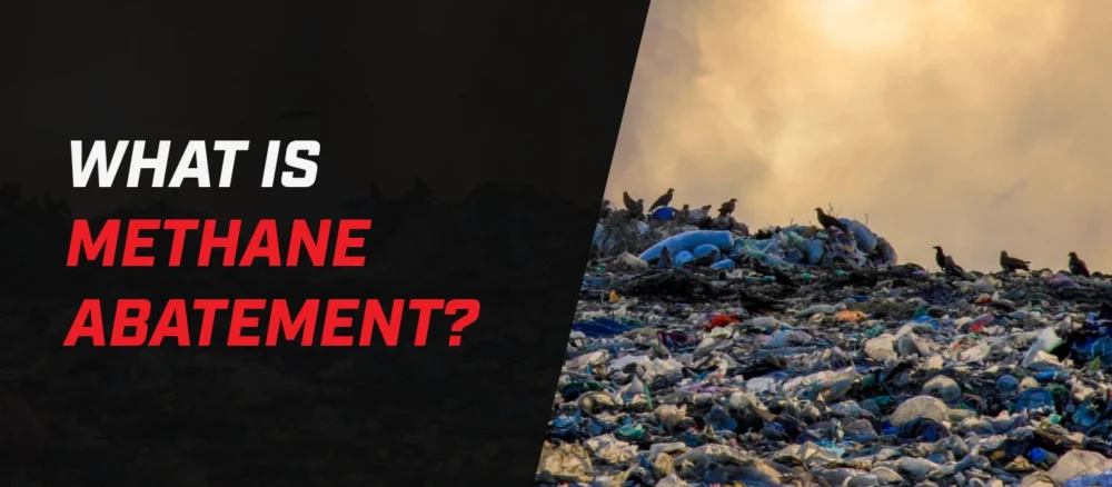 Banner showing a landfill mound covered in waste with birds standing on top under a hazy sky. Overlaid text reads ‘What Is Methane Abatement?’ on a dark background.