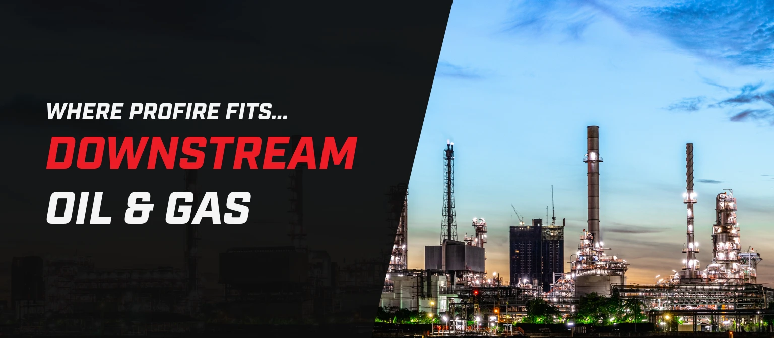 Banner showing a downstream oil and gas refinery at dusk with the text “Where Profire Fits… Downstream Oil & Gas.”