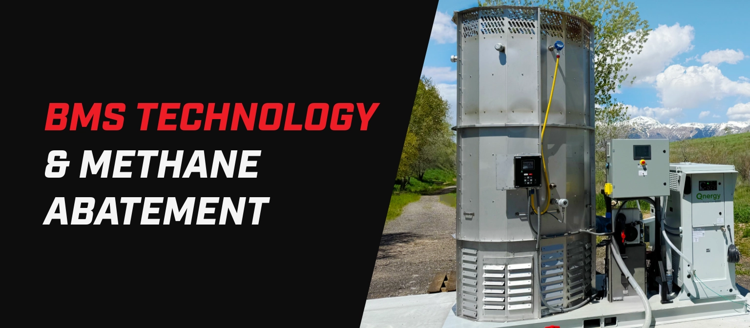 Banner with the text “BMS Technology & Methane Abatement” beside an outdoor methane abatement unit with control cabinets and mountainous landscape in the background.