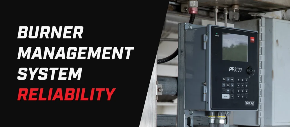 Banner with the text “Burner Management System Reliability” beside a close-up photo of a PF3100 burner management controller mounted in an industrial enclosure.