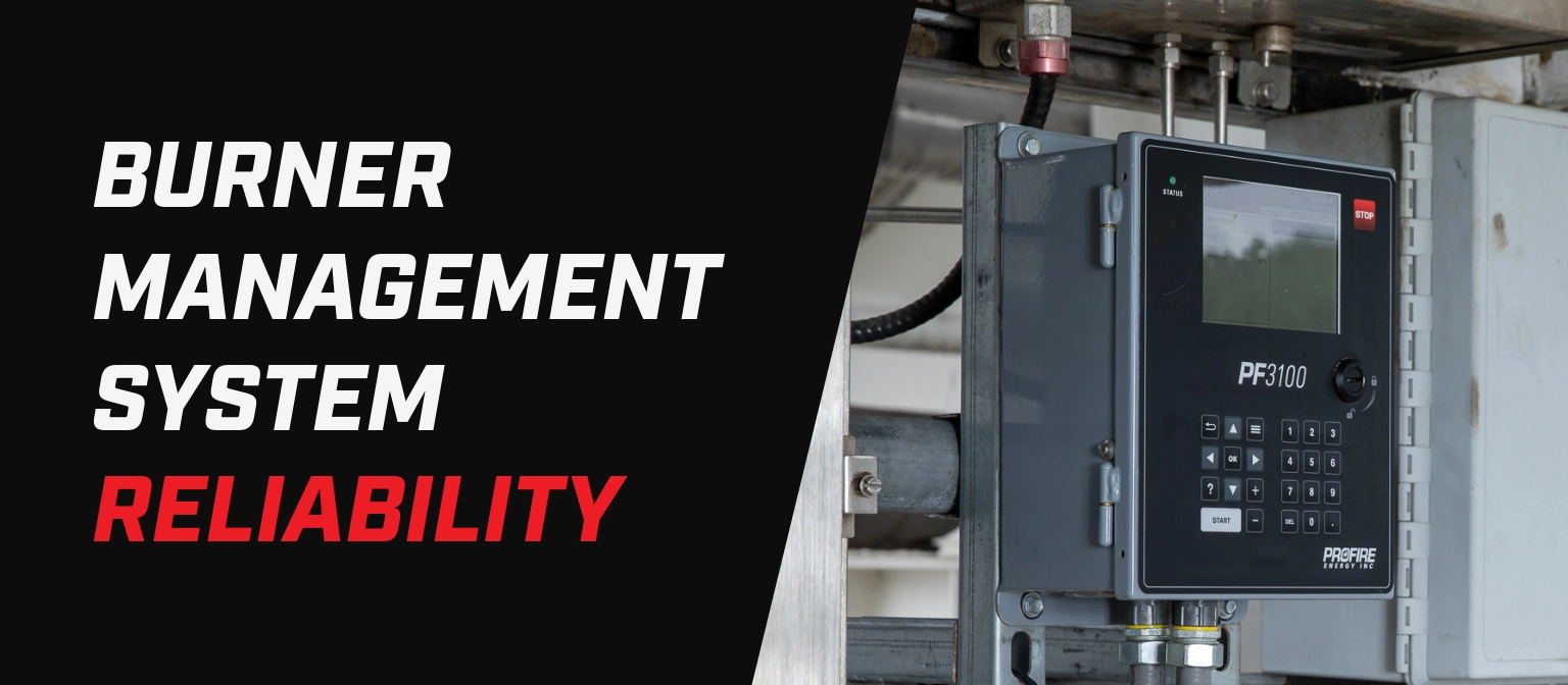 Banner with the text “Burner Management System Reliability” beside a close-up photo of a PF3100 burner management controller mounted in an industrial enclosure.