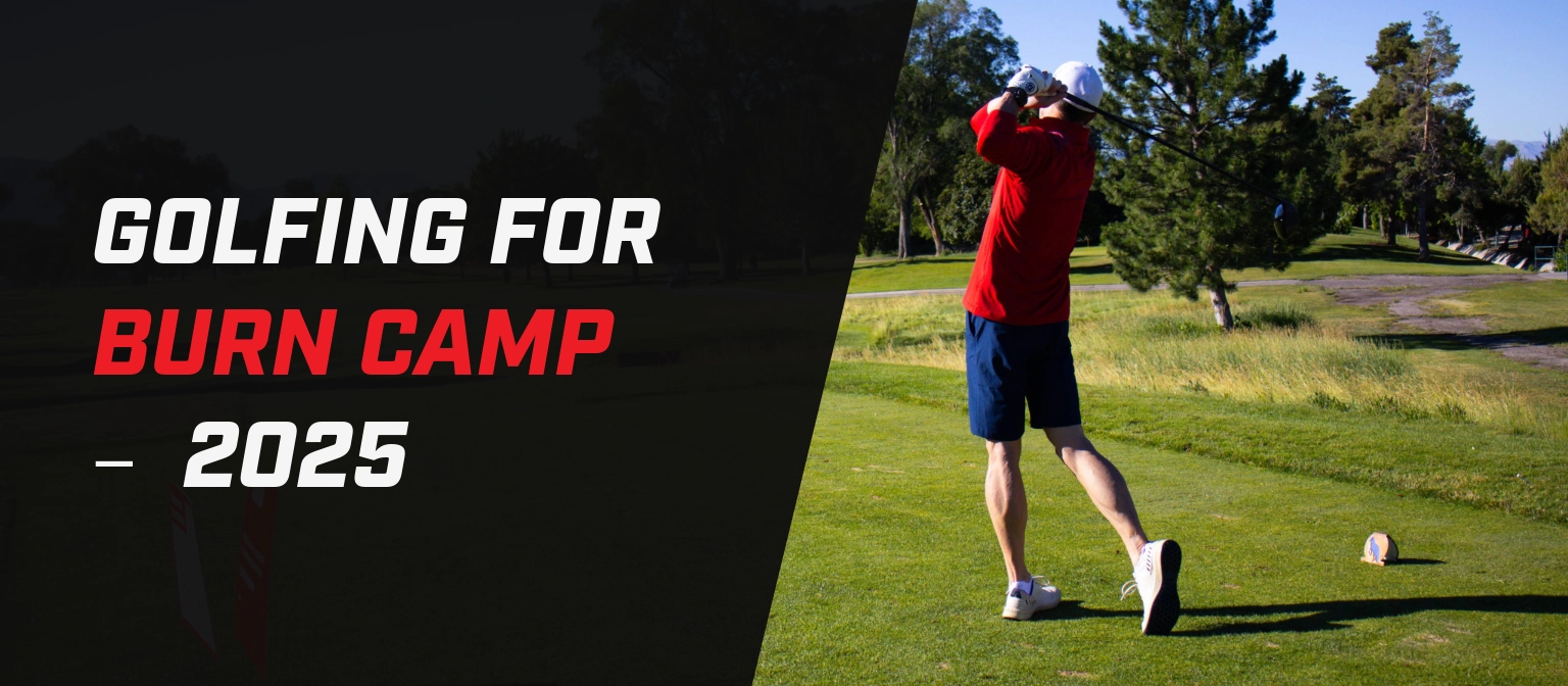 Banner with the text “Golfing for Burn Camp — 2025” beside a photo of a golfer in a red shirt teeing off on a green golf course.