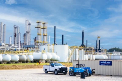 Industrial plant with storage tanks, distillation towers, piping, and service vehicles under a blue sky.