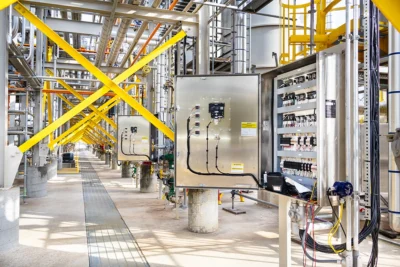 Open burner management control panels installed along piping and structural supports in an industrial facility.
