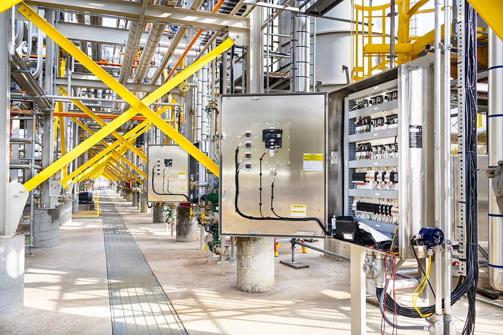 Open burner management control panels installed along piping and structural supports in an industrial facility.