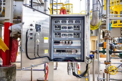 Open industrial control cabinet with wiring and burner management components in a processing facility.
