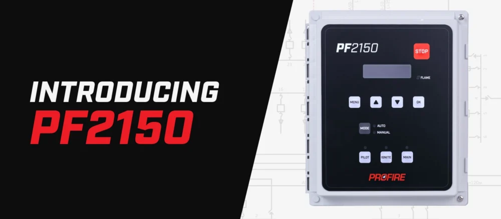Banner with the text “Introducing PF2150” beside a product image of a PF2150 burner management controller against a light technical drawing background.
