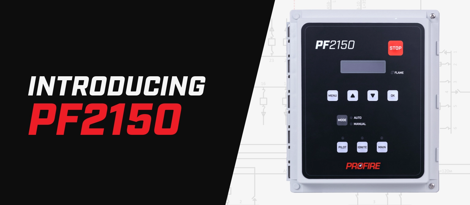 Banner with the text “Introducing PF2150” beside a product image of a PF2150 burner management controller against a light technical drawing background.