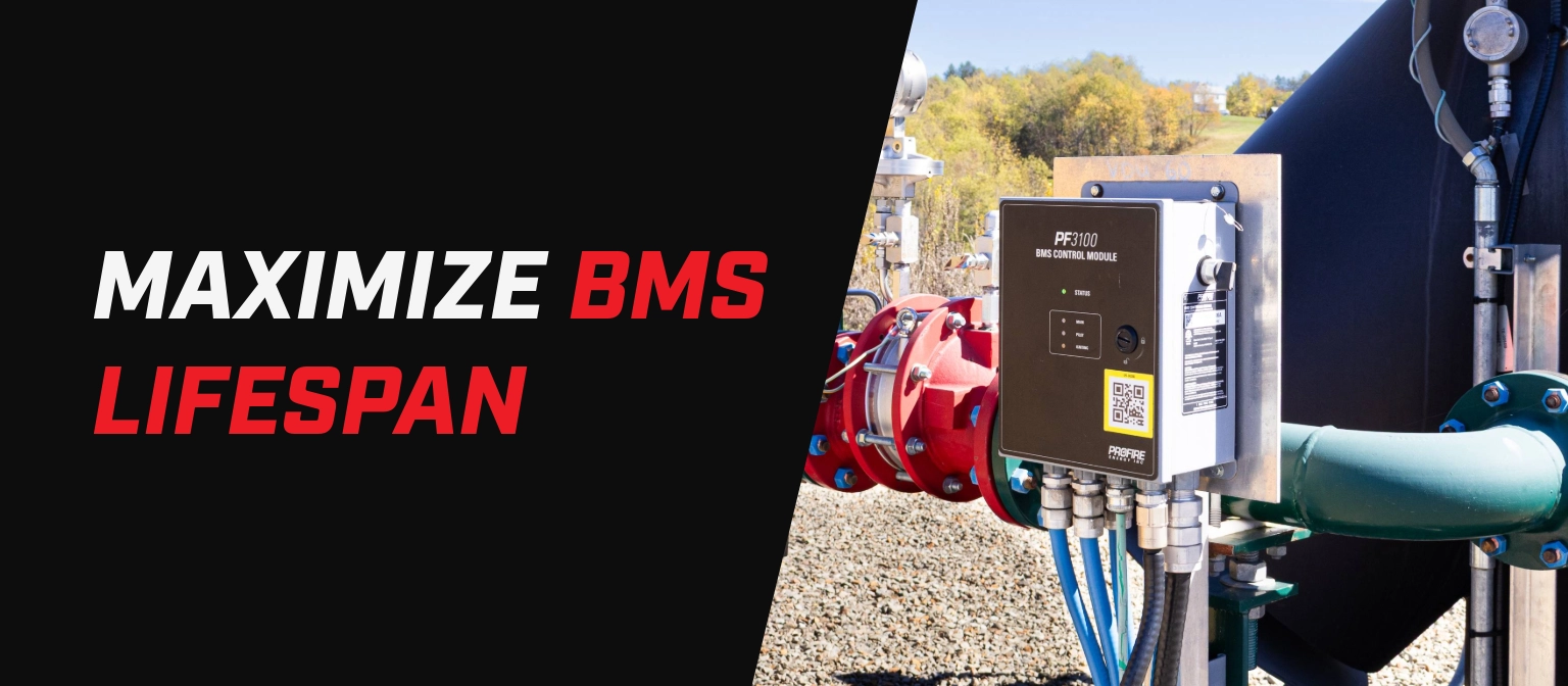 Banner with the text “Maximize BMS Lifespan” beside a PF3100 BMS control module mounted on industrial piping and equipment outdoors.