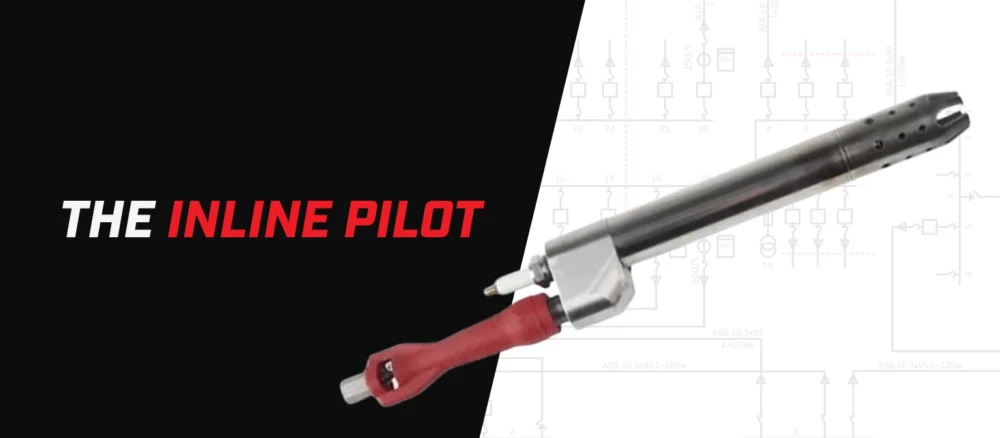 Banner with the text “The Inline Pilot” beside a product image of an inline pilot assembly against a light technical drawing background.