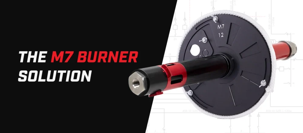 Banner with the text “The M7 Burner Solution” beside a close-up product image of an M7 burner assembly against a light technical drawing background.
