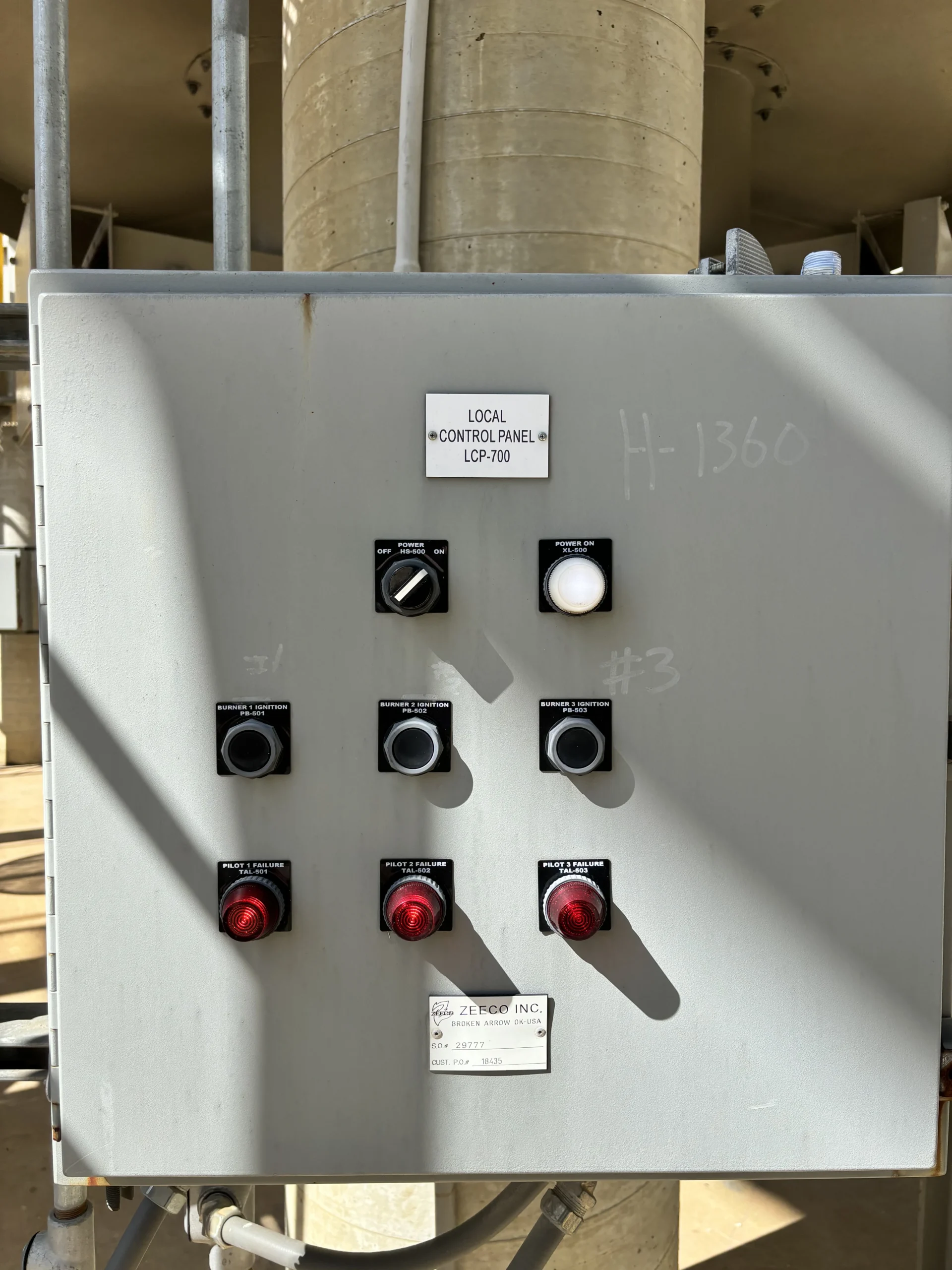 Local control panel labeled LCP-700 with power controls, burner ignition pushbuttons, and red pilot failure indicator lights for three burners.