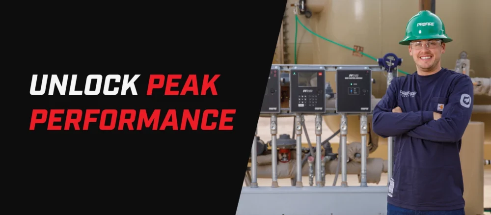 Banner with the text “Unlock Peak Performance” beside a photo of a field technician in PPE standing in front of burner management control equipment.