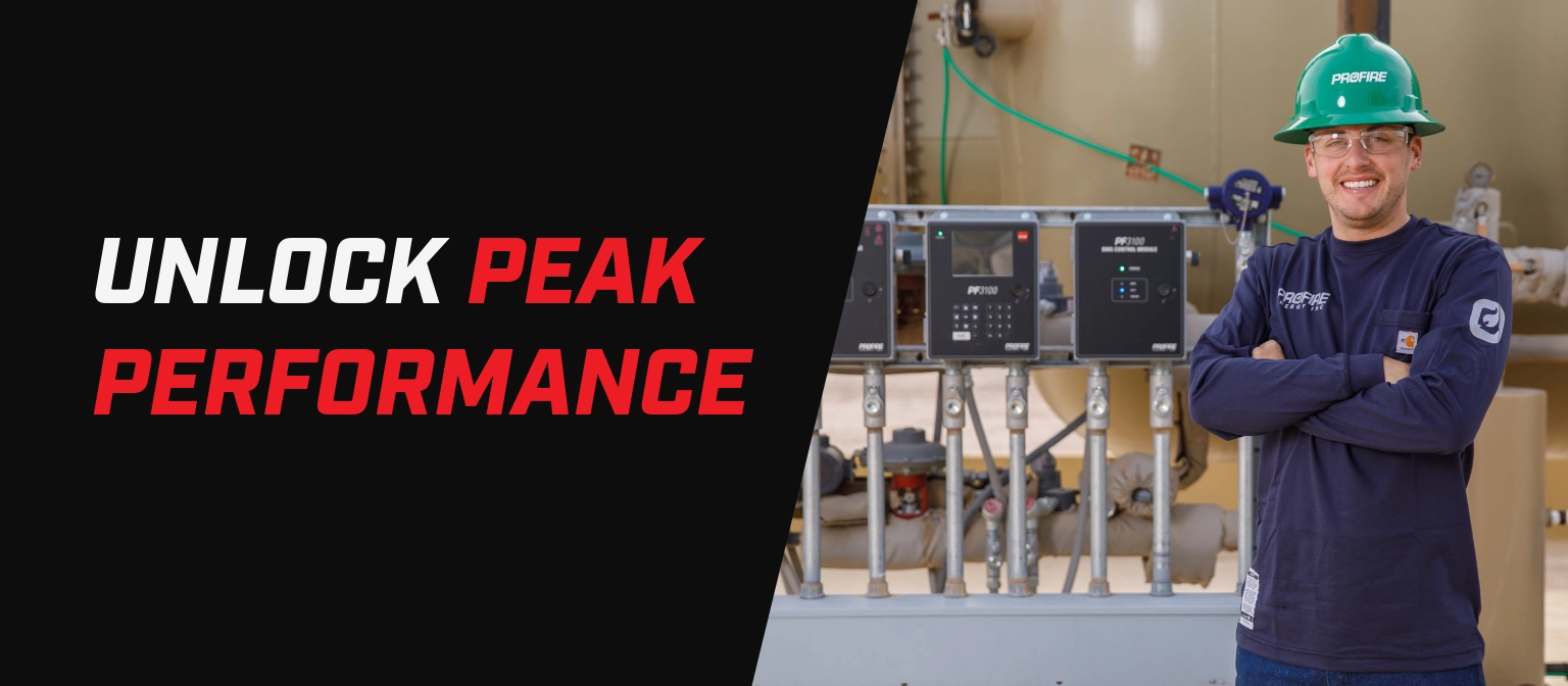 Banner with the text “Unlock Peak Performance” beside a photo of a field technician in PPE standing in front of burner management control equipment.