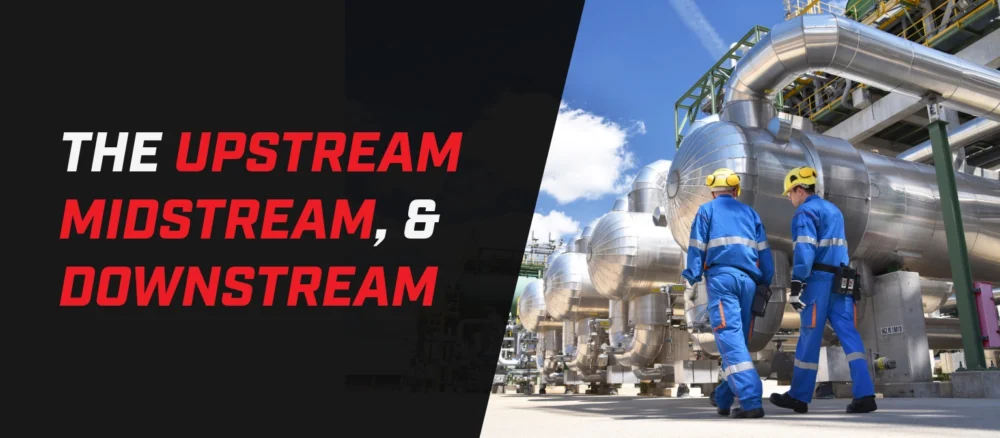 Banner with the text “The Upstream, Midstream, & Downstream” beside two industrial workers walking through a processing facility with large vessels and piping.