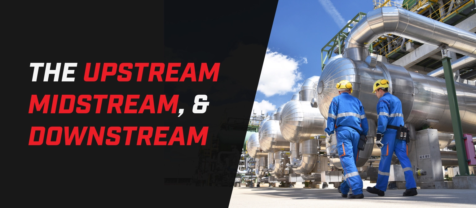 Banner with the text “The Upstream, Midstream, & Downstream” beside two industrial workers walking through a processing facility with large vessels and piping.