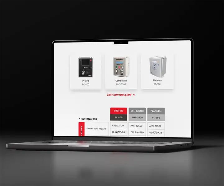 Laptop displaying Profire online tool comparing PF3100, Combustex BMS-2500, and Platinum PT-600 burner controllers with certification specifications.